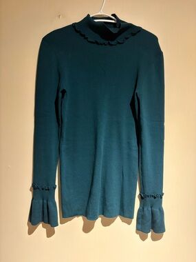 Lewit Ruffle Detail Pullover Long Sleeve 
 Teal Green Size 1 Merino Wool Blend